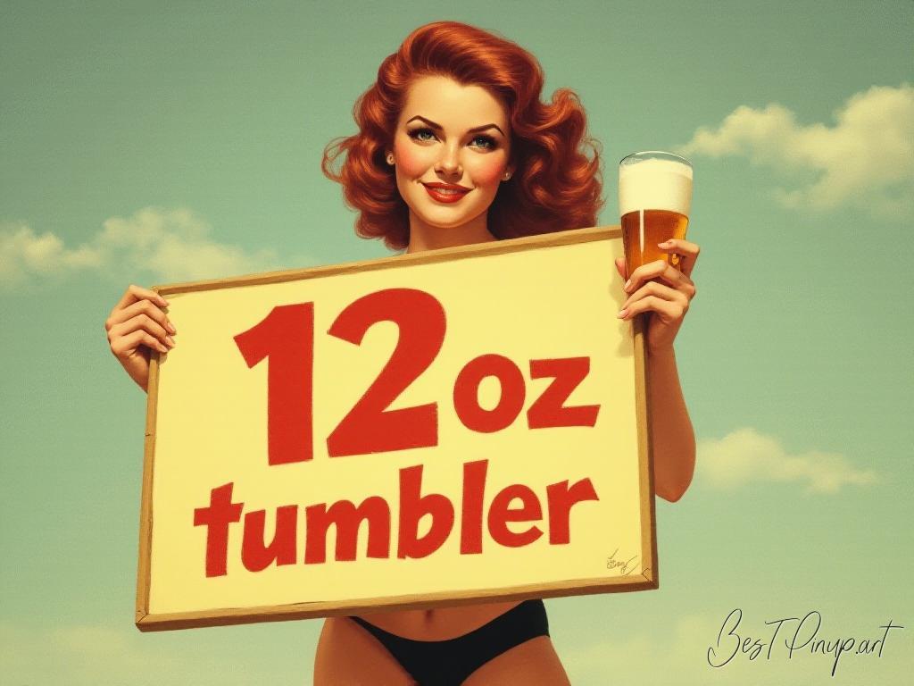 Pin-up girl showcasing a sign with 12oz tumbler theme