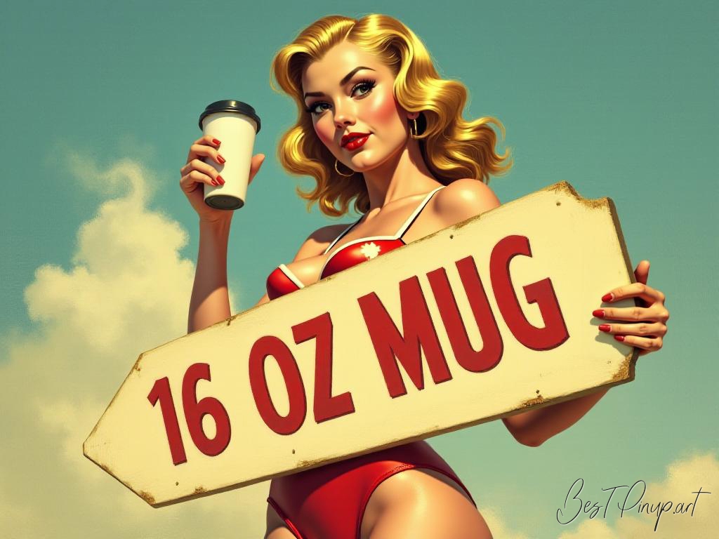 Pin-up girl showcasing a sign with 16oz mug theme