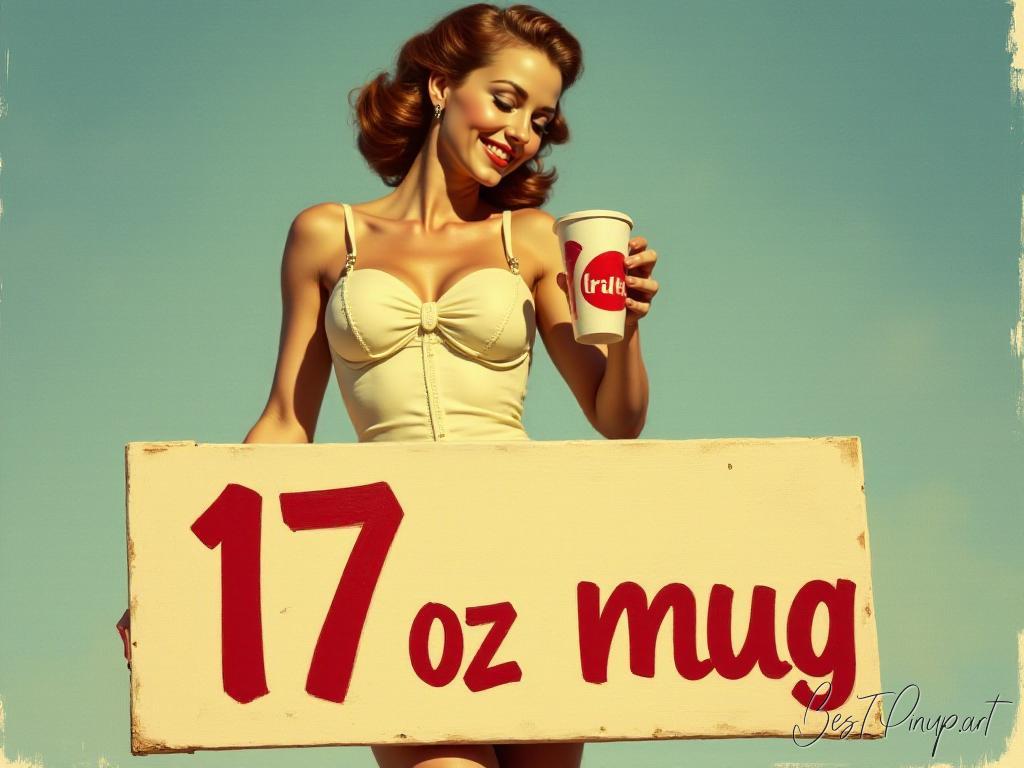 Pin-up girl showcasing a sign with 17oz mug theme