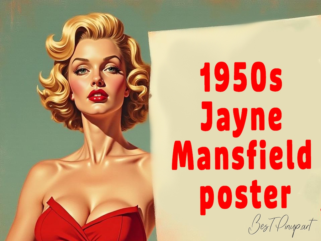 Pin-up girl showcasing a sign with 1950s Jayne Mansfield poster theme