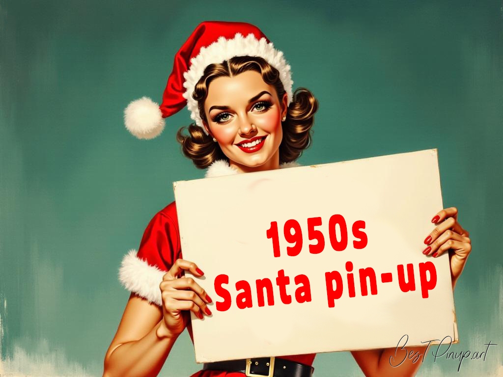 Pin-up girl showcasing a sign with 1950s Santa pin-up theme