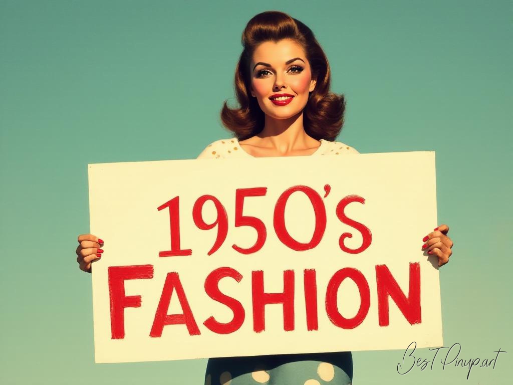 Pin-up girl showcasing a sign with 1950s fashion theme