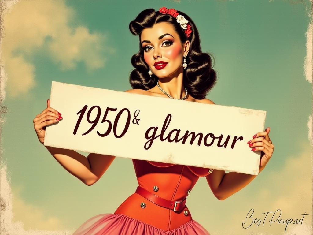 Pin-up girl showcasing a sign with 1950s glamour theme