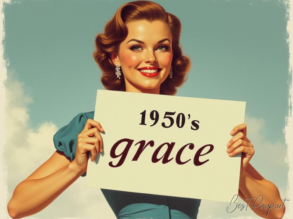 Pin-up girl showcasing a sign with 1950s grace theme