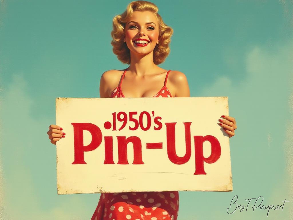 Pin-up girl showcasing a sign with 1950s pin-up theme