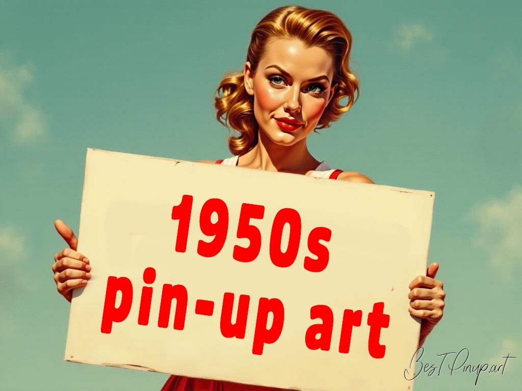 Pin-up girl showcasing a sign with 1950s pin-up art theme