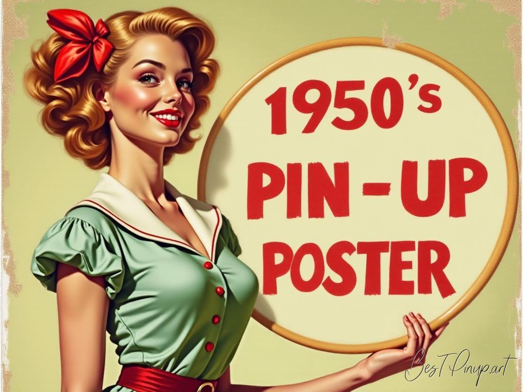 Pin-up girl showcasing a sign with 1950s pin-up poster theme