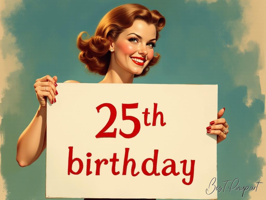 Pin-up girl showcasing a sign with 25th birthday theme