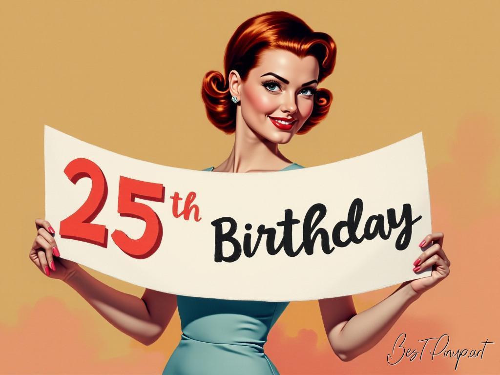 Pin-up girl showcasing a sign with 25th birthday gifts theme