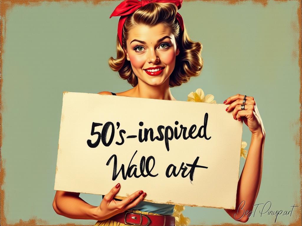 Pin-up girl showcasing a sign with 50s-inspired wall art theme