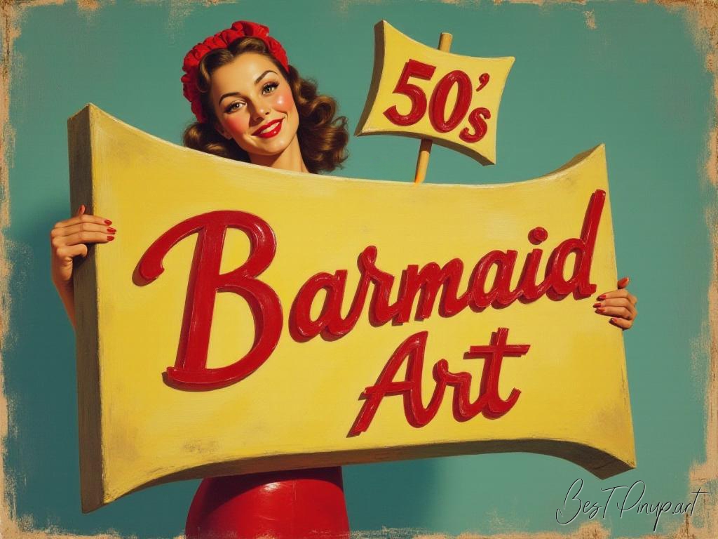 Pin-up girl showcasing a sign with 50s barmaid art theme
