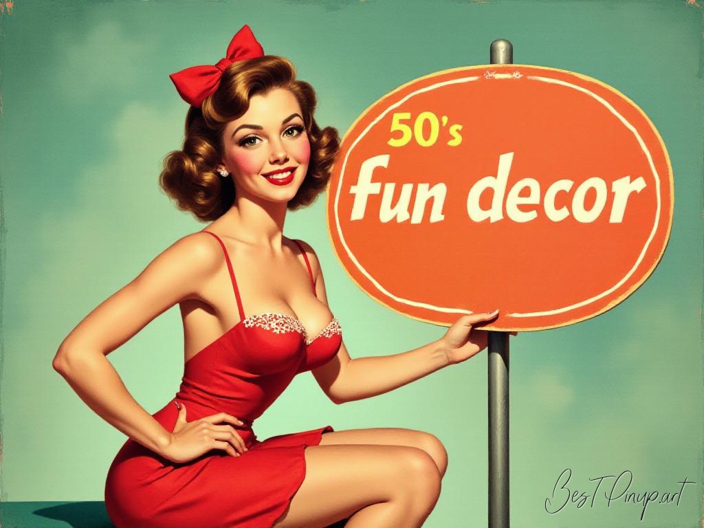 Pin-up girl showcasing a sign with 50s fun decor theme
