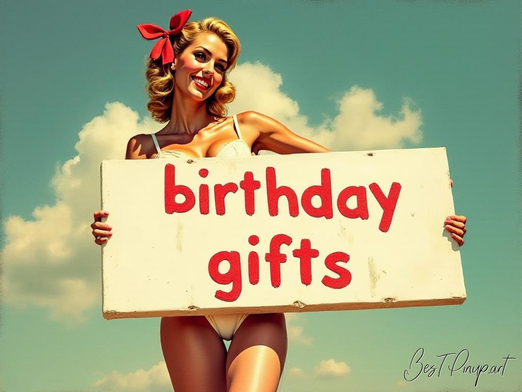 Pin-up girl showcasing a sign with 50th birthday gifts theme