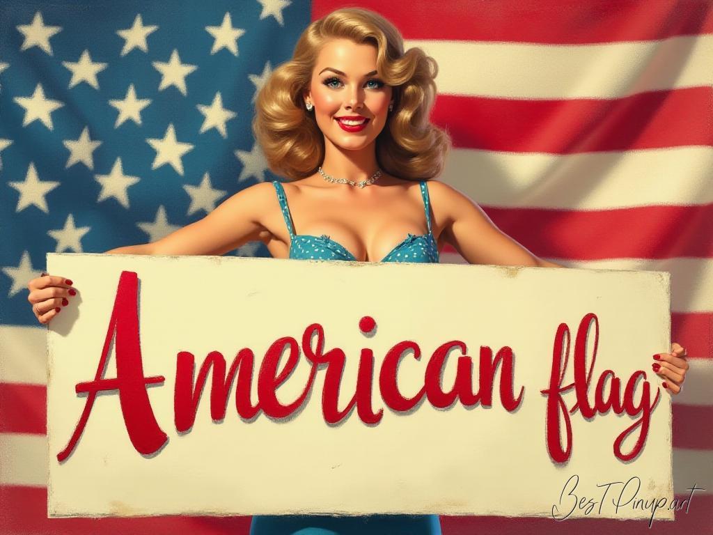 Pin-up girl showcasing a sign with American flag pin-up theme