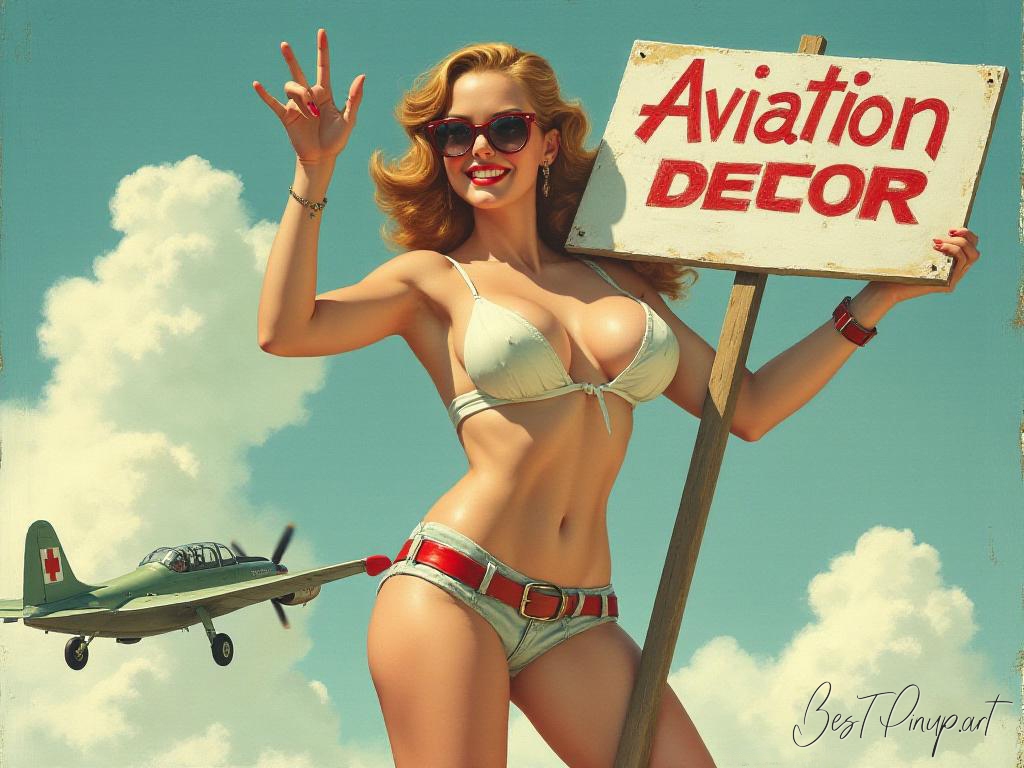 Pin-up girl showcasing a sign with aviation decor theme