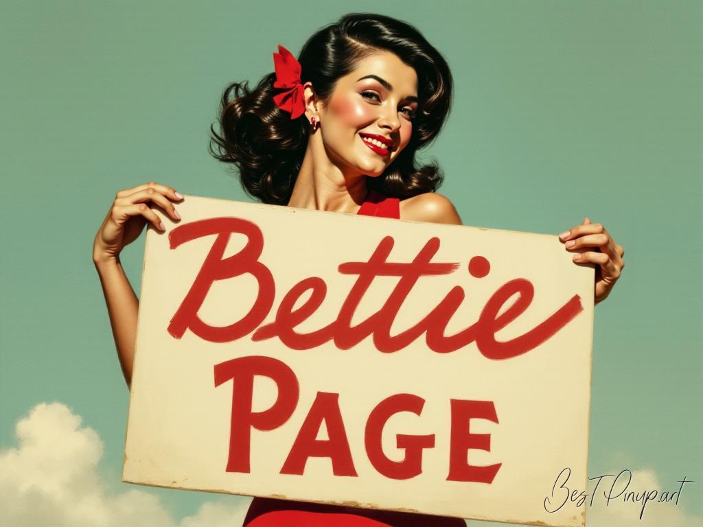 Pin-up girl showcasing a sign with Bettie Page theme