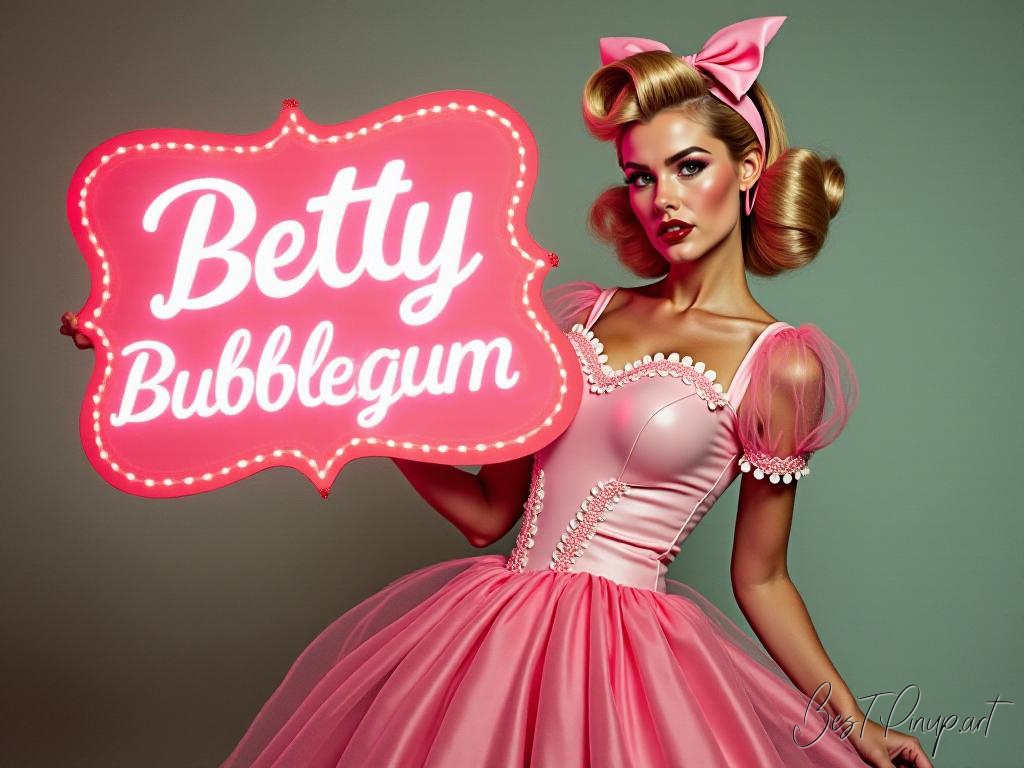 Pin-up girl showcasing a sign with Betty Bubblegum #1 theme