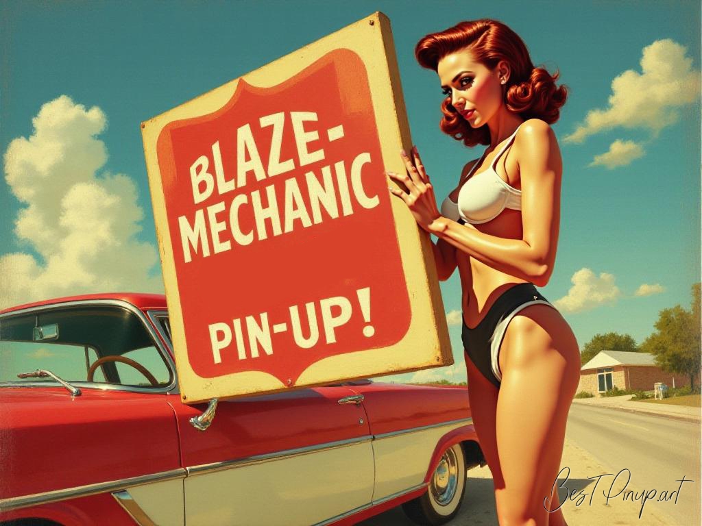 Pin-up girl showcasing a sign with Blaze mechanic pin-up theme