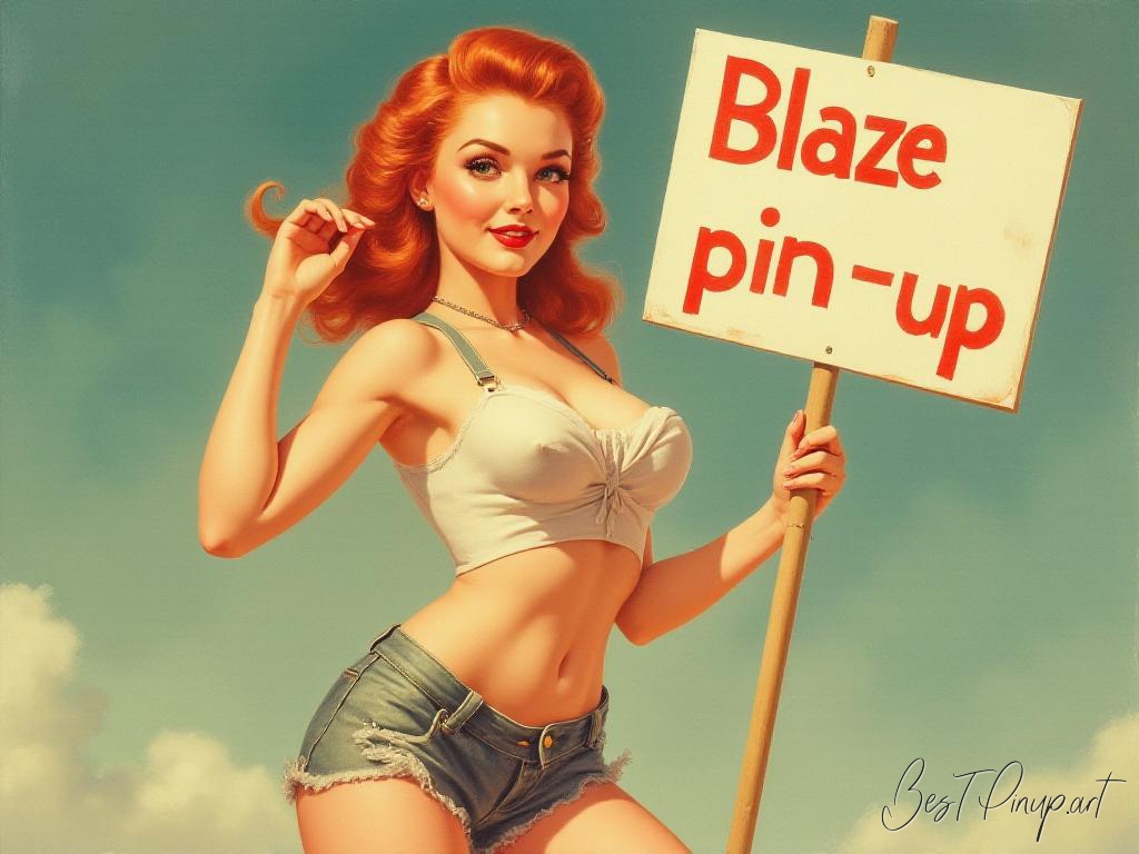 Pin-up girl showcasing a sign with Blaze pin-up theme
