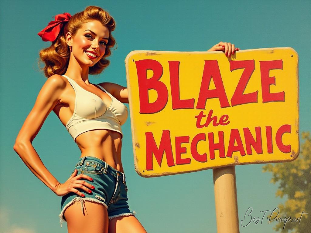Pin-up girl showcasing a sign with Blaze the Mechanic theme