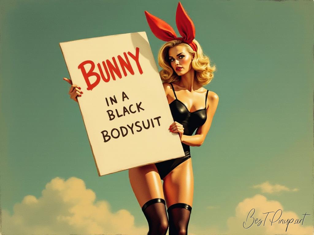 Pin-up girl showcasing a sign with Bunny in a black bodysuit theme