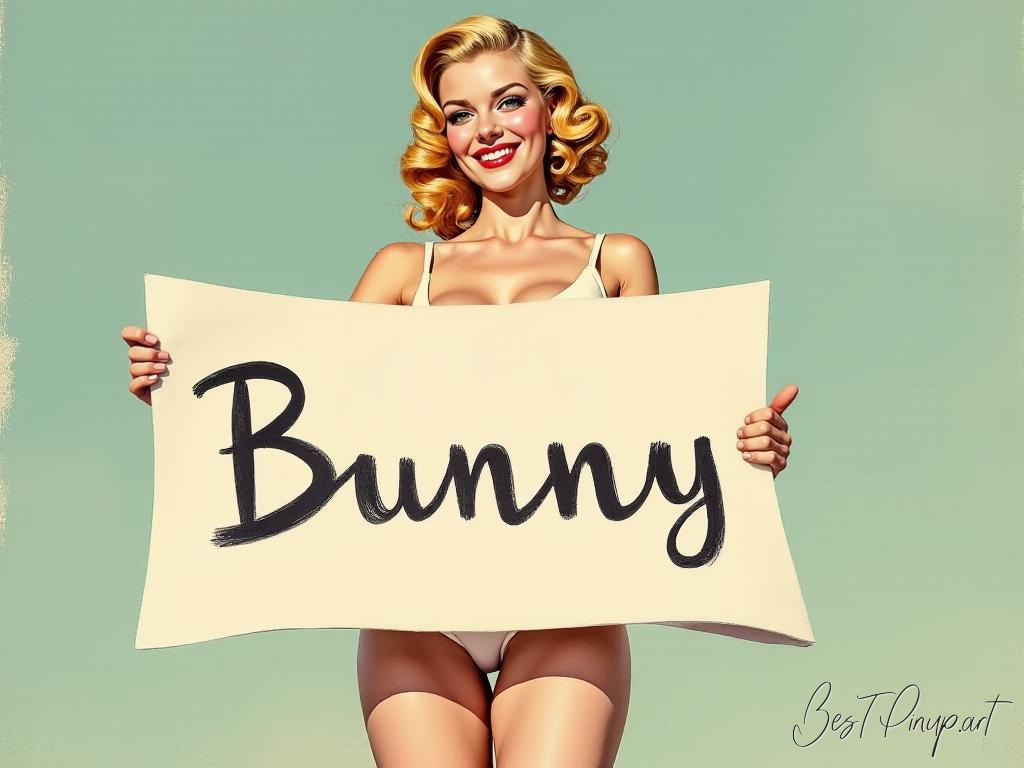 Pin-up girl showcasing a sign with Bunny in a white bodysuit theme