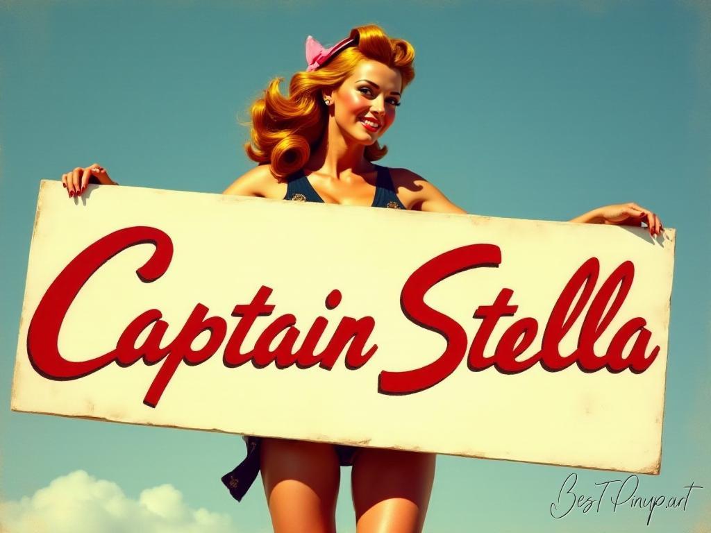 Pin-up girl showcasing a sign with Captain Stella theme