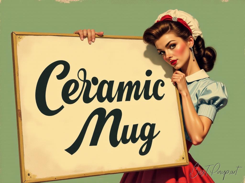 Pin-up girl showcasing a sign with ceramic mug theme