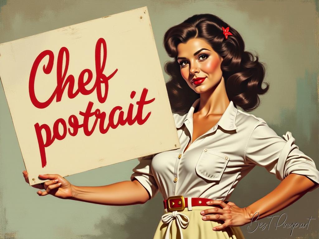 Pin-up girl showcasing a sign with Chef portrait theme