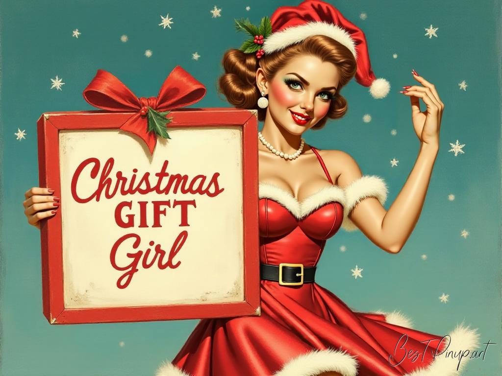 Pin-up girl showcasing a sign with Christmas gift girl theme