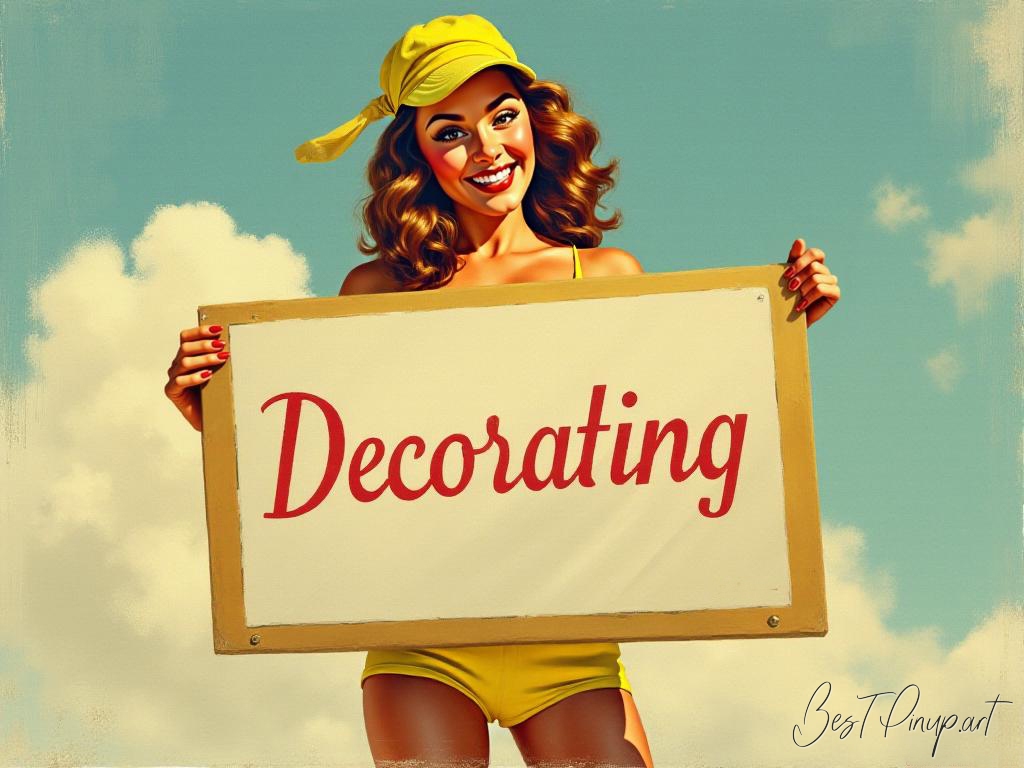Pin-up girl showcasing a sign with Decorating theme
