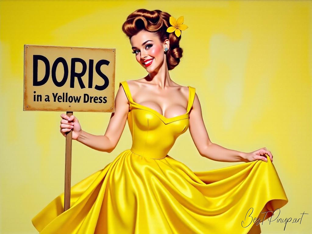 Pin-up girl showcasing a sign with Doris in a Yellow Dress theme