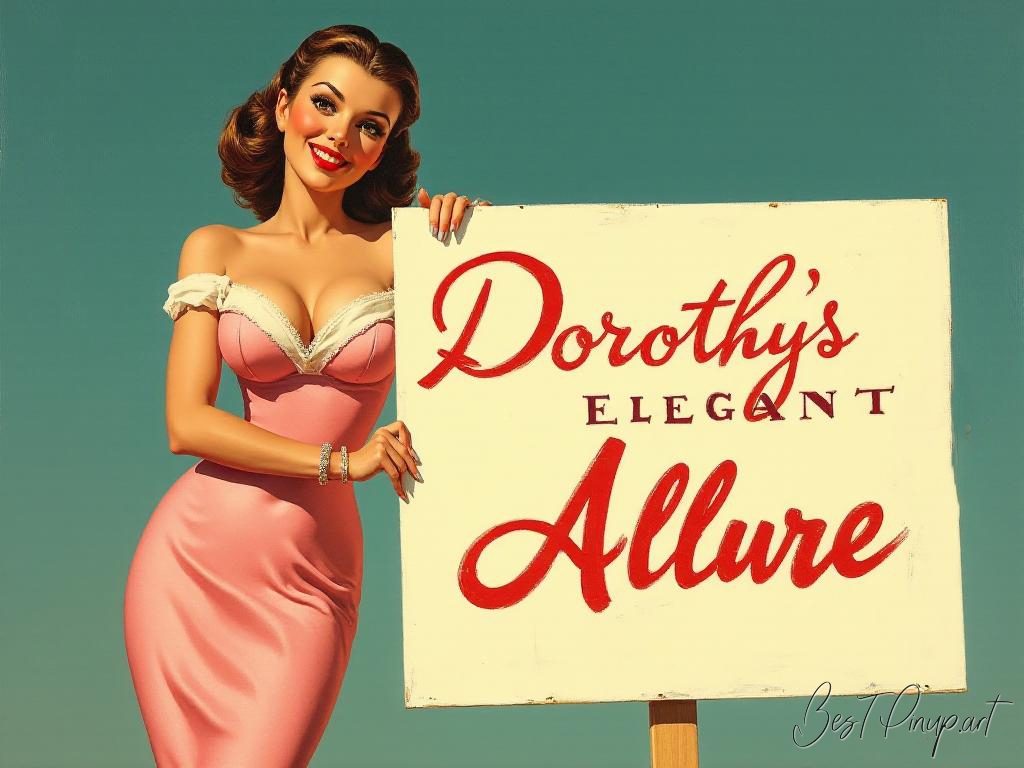 Pin-up girl showcasing a sign with Dorothy's Elegant Allure theme