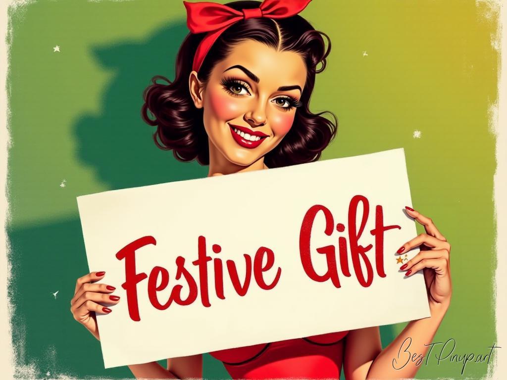 Pin-up girl showcasing a sign with Festive Gift theme