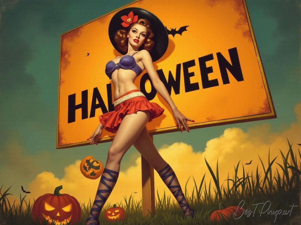 Pin-up girl showcasing a sign with Halloween retro art theme