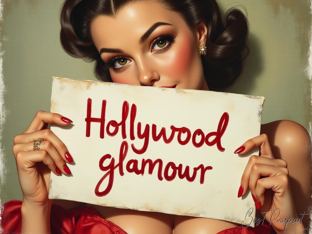 Pin-up girl showcasing a sign with Hollywood glamour print theme