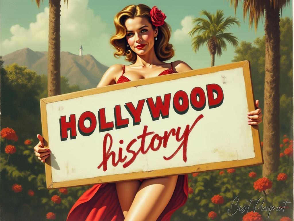 Pin-up girl showcasing a sign with Hollywood history theme