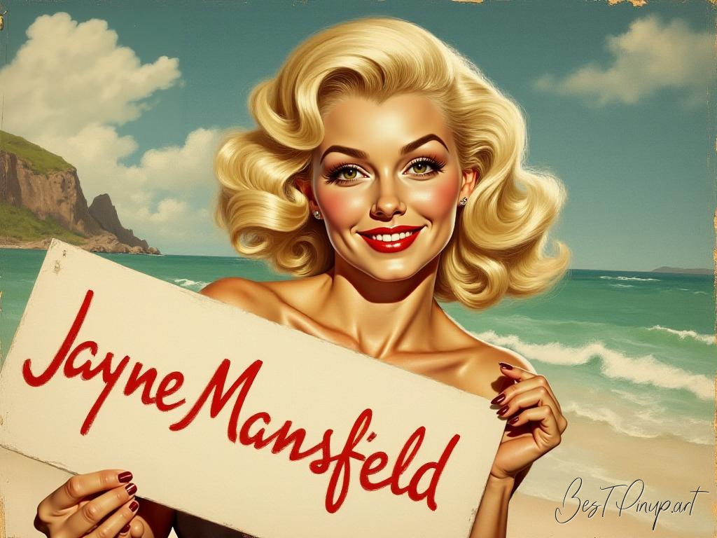 Pin-up girl showcasing a sign with Jayne Mansfield theme