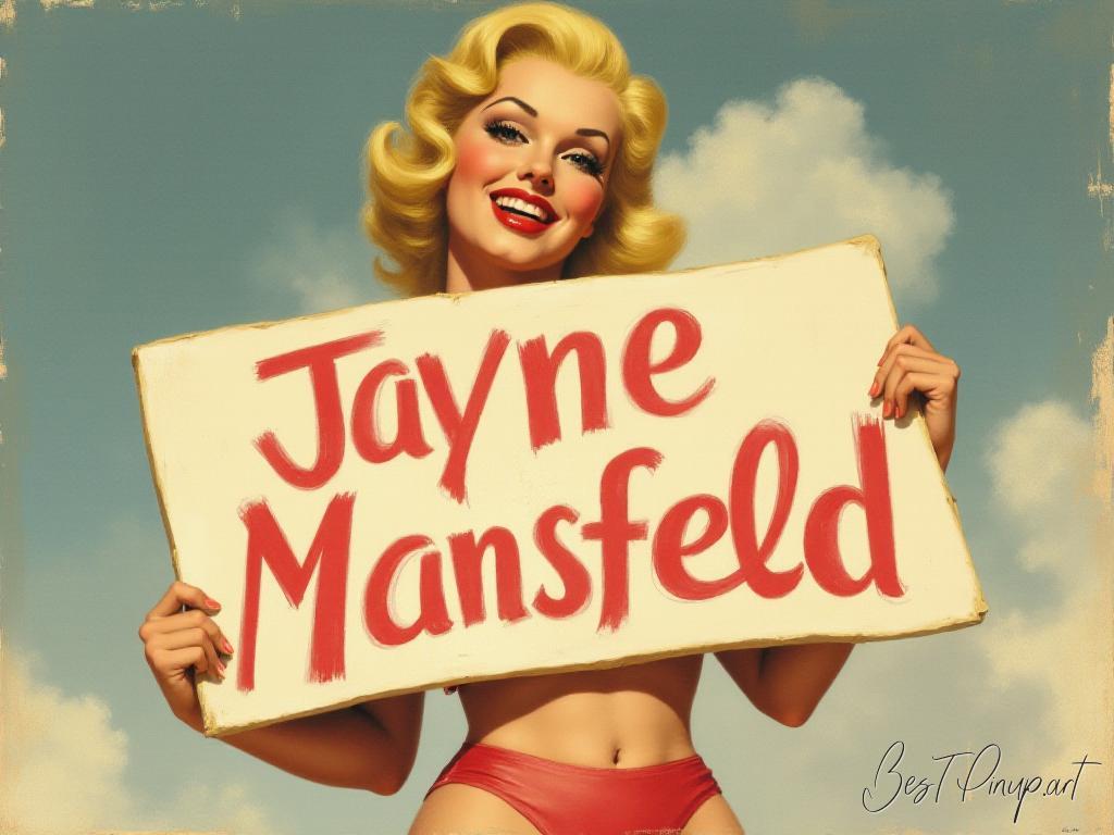 Pin-up girl showcasing a sign with Jayne Mansfield pin-up portrait theme