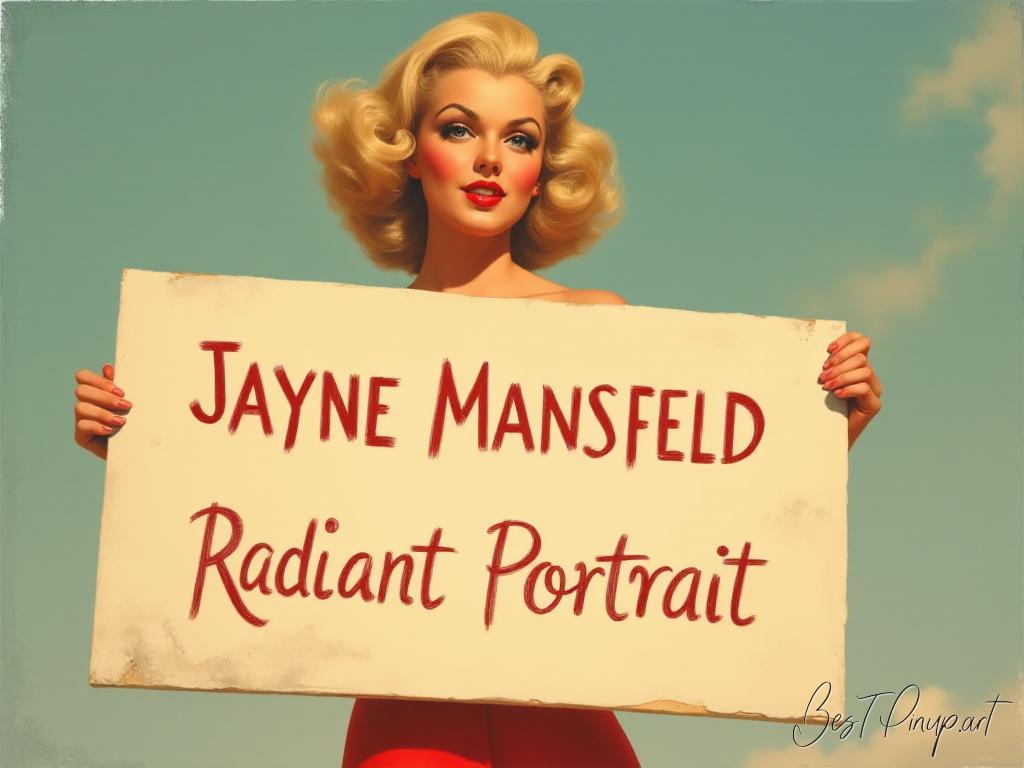 Pin-up girl showcasing a sign with Jayne Mansfield radiant portrait theme