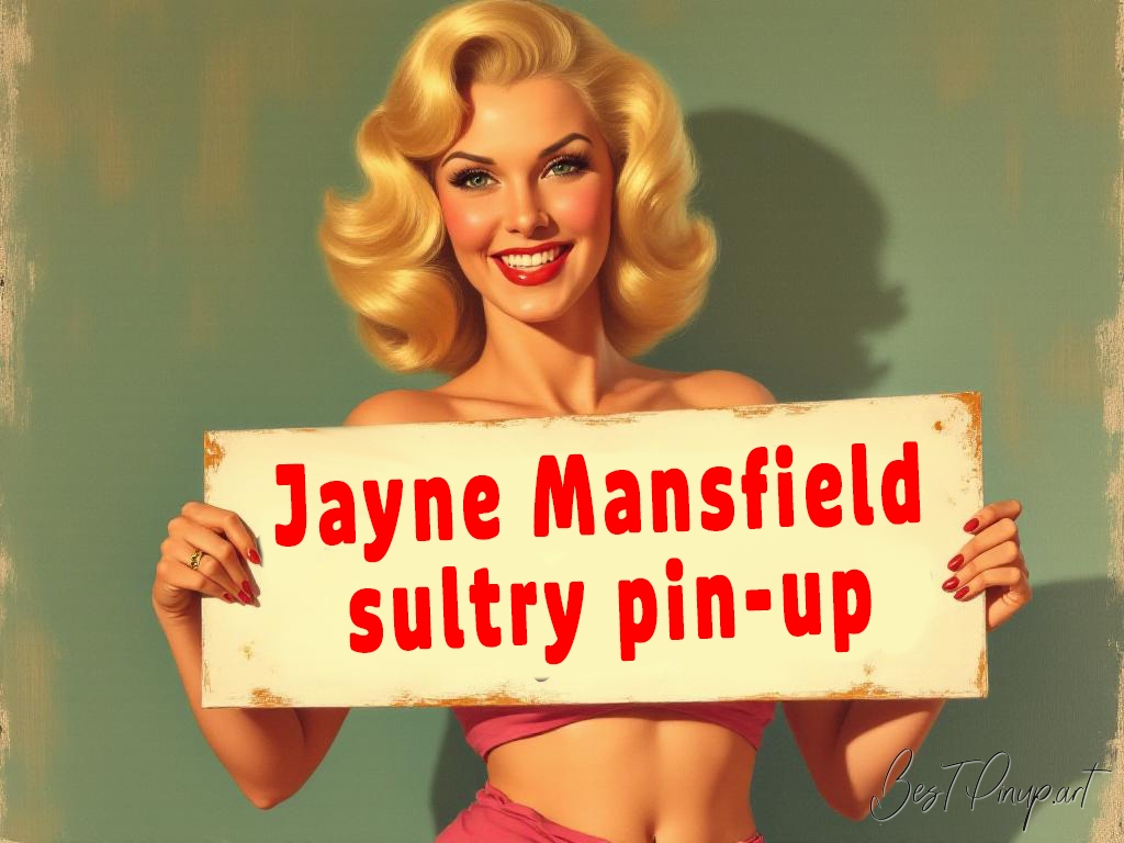 Pin-up girl showcasing a sign with Jayne Mansfield sultry pin-up theme