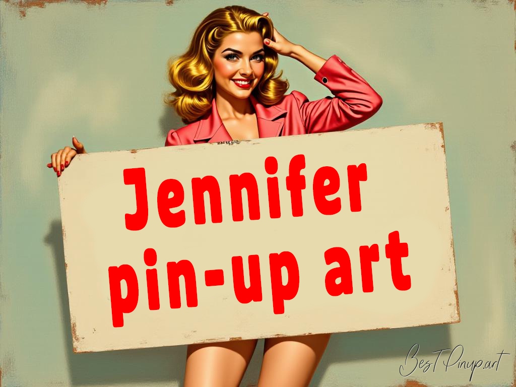 Pin-up girl showcasing a sign with Jennifer pin-up art theme