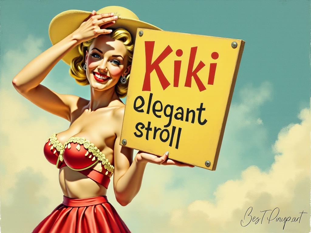 Pin-up girl showcasing a sign with Kiki elegant stroll theme