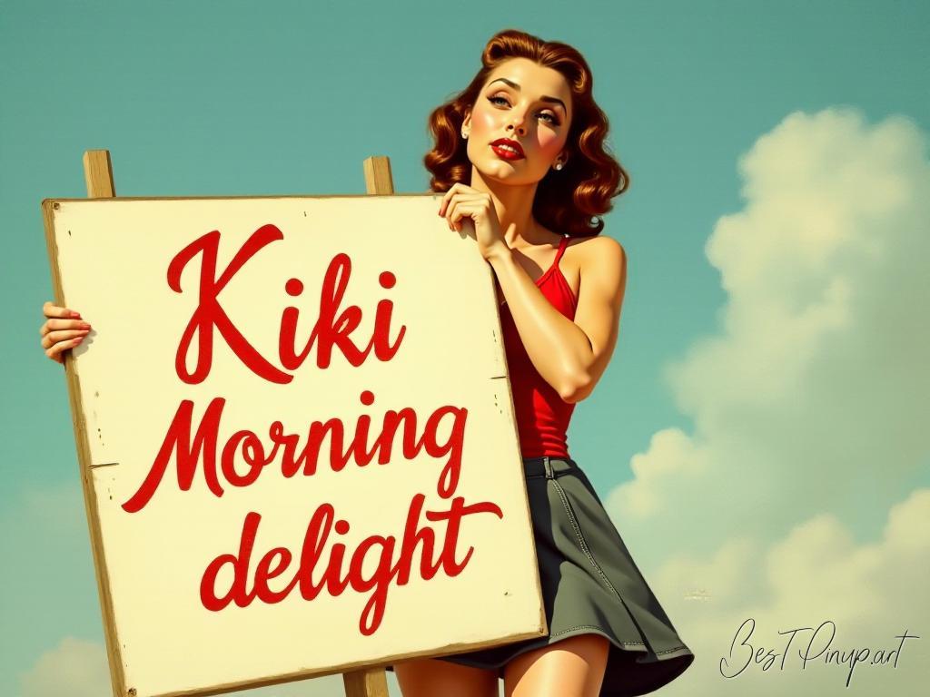 Pin-up girl showcasing a sign with Kiki morning delight theme