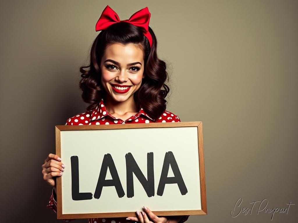 Pin-up girl showcasing a sign with Lana #2 theme