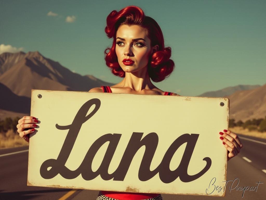 Pin-up girl showcasing a sign with Lana #3 theme