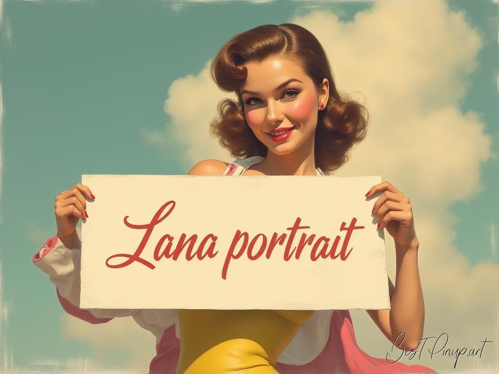 Pin-up girl showcasing a sign with Lana portrait theme