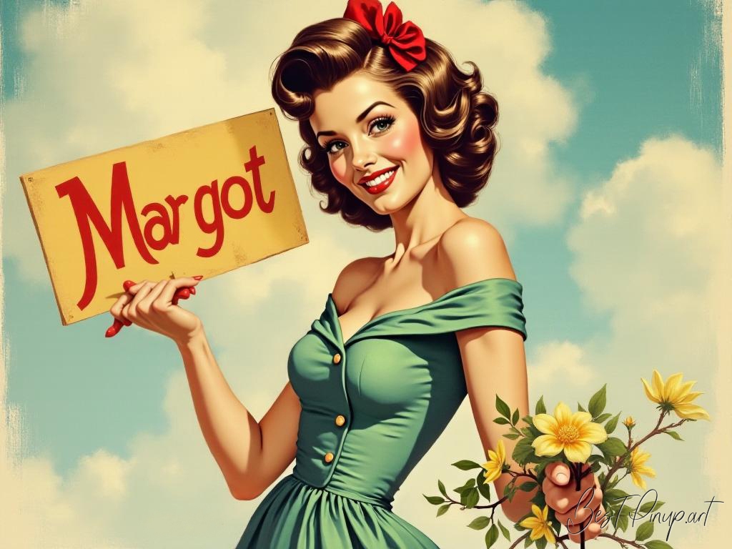 Pin-up girl showcasing a sign with Margot theme