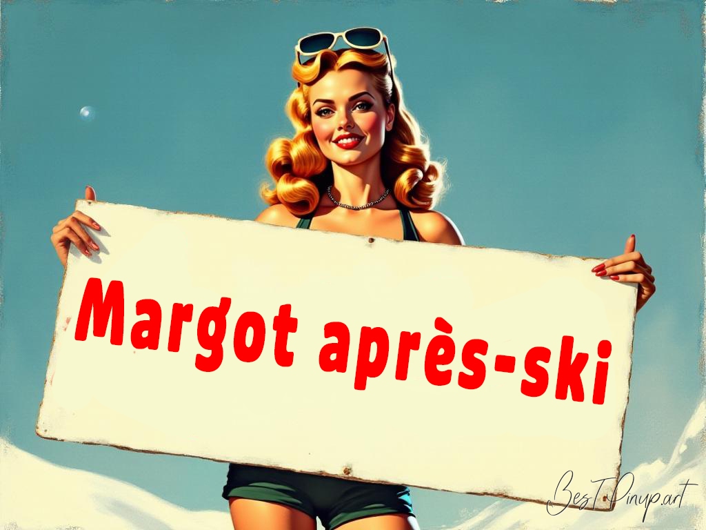Pin-up girl showcasing a sign with Margot après-ski theme
