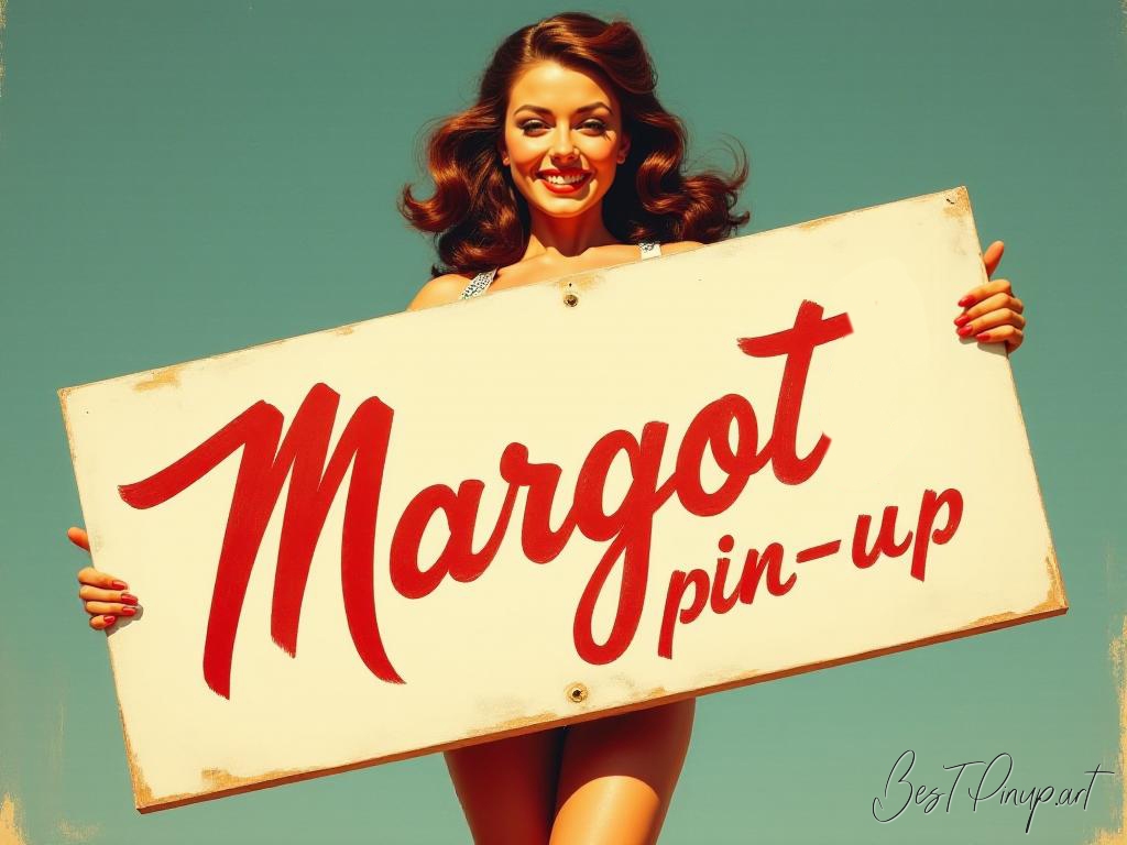 Pin-up girl showcasing a sign with Margot pin-up theme